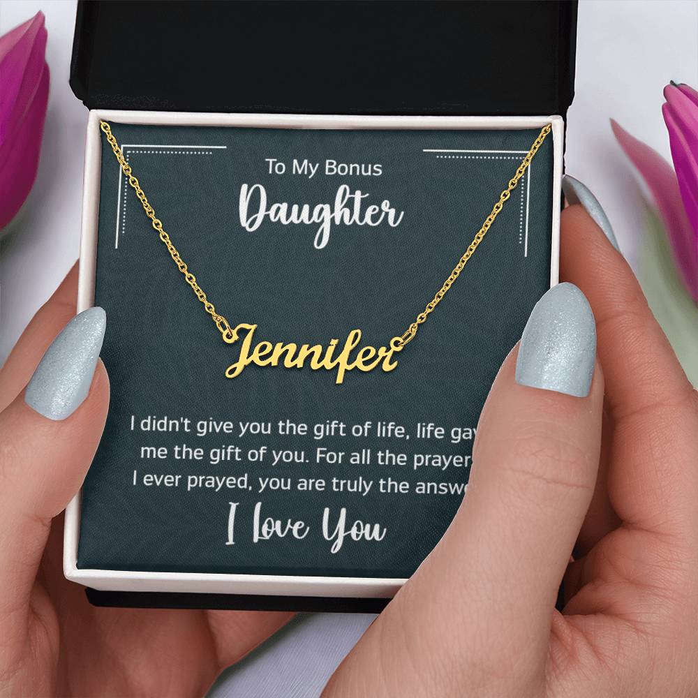 Custom Name Necklace with 'Bonus Daughter' Message Card